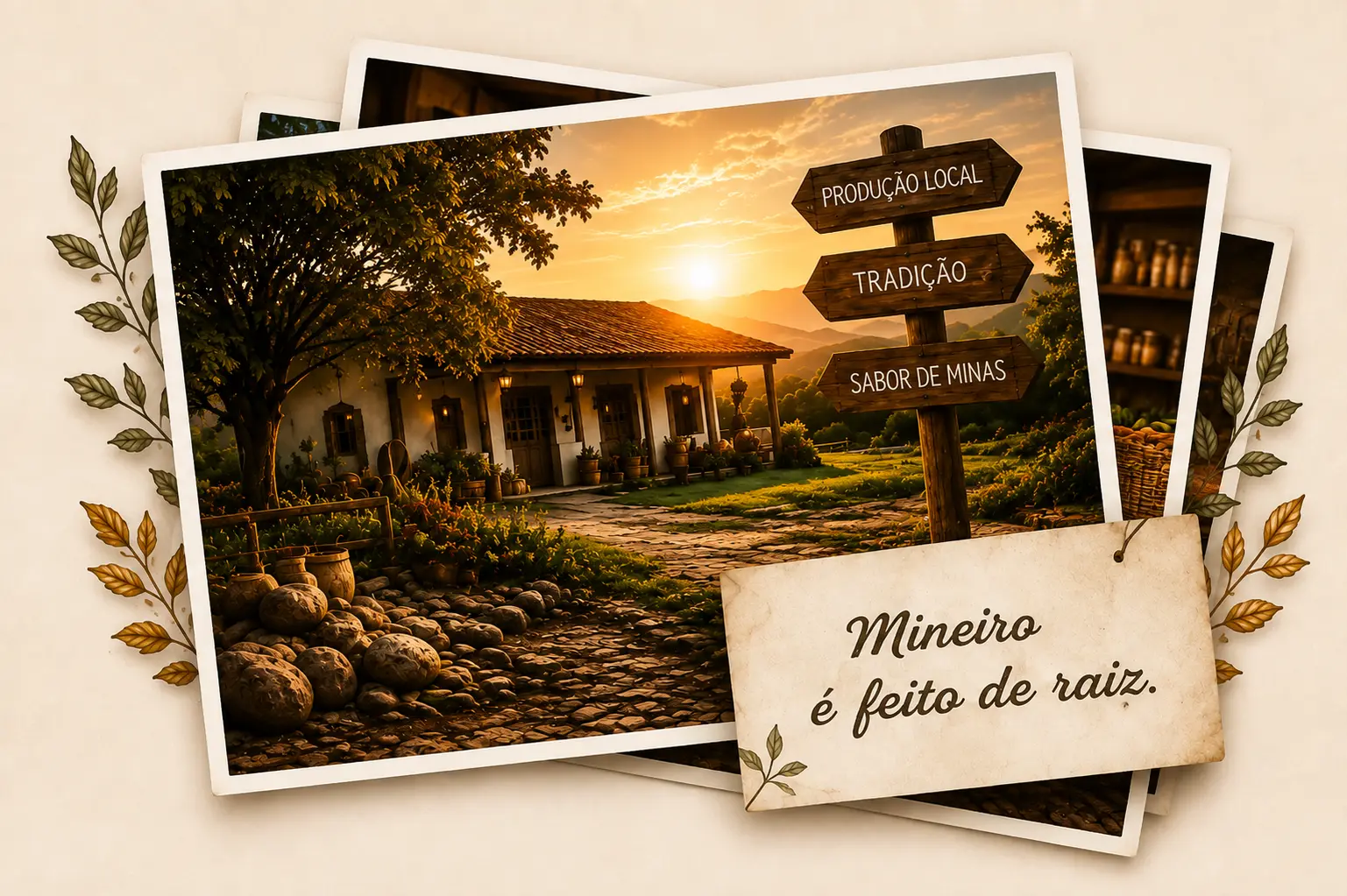 Composição da nossa origem: casa de fazenda mineira ao entardecer com placas de produção local, tradição e sabor de Minas